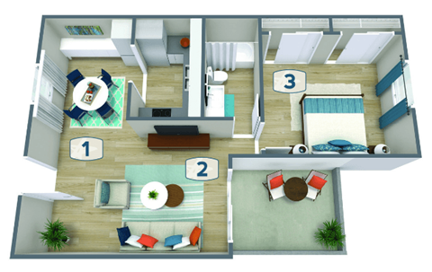 Floor plan for 1 bed, 1 bath, 635 sqft